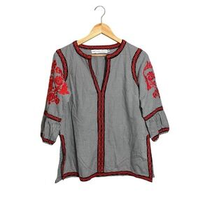 GRETCHEN SCOTT  Embroidered Tunic Top Small‎ Gingham Plaid Cotton Black Red